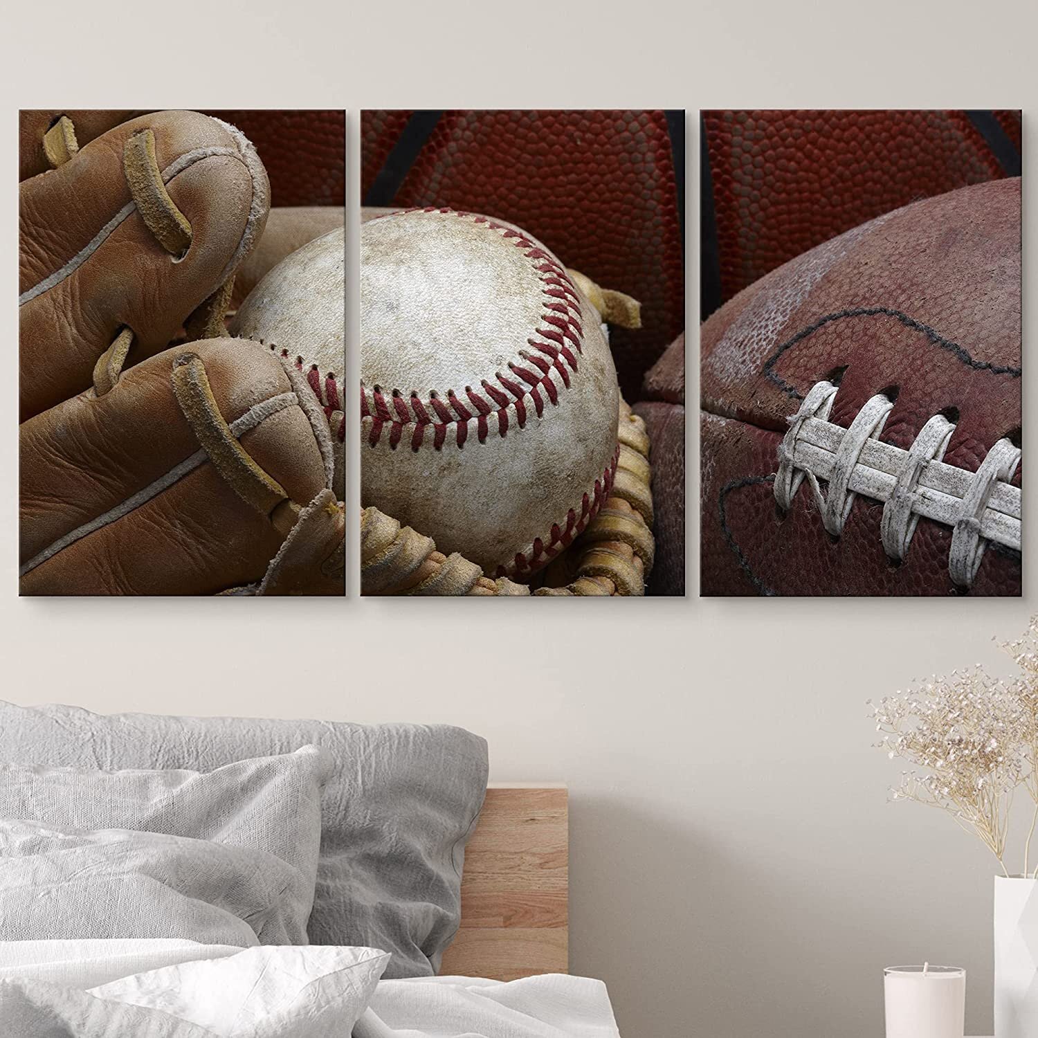IDEA4WALL Close Up Shot Of Well Worn Baseball In Baseball Glove, Football  And Basketball On Canvas Pieces Print  Reviews Wayfair