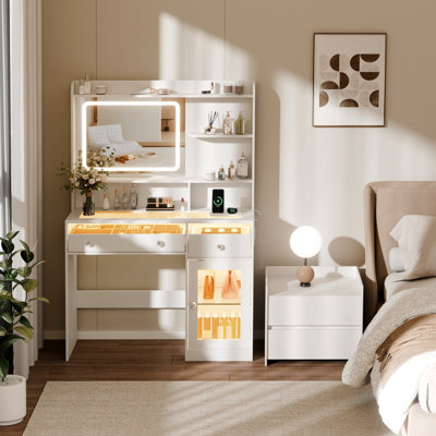 Makeup Vanity with LED Lighted Mirror, 2 Transparent Visible Drawers & Cabinet, Crystal Handle, 3 Open Shelves, for Bedroom & Dressing Room