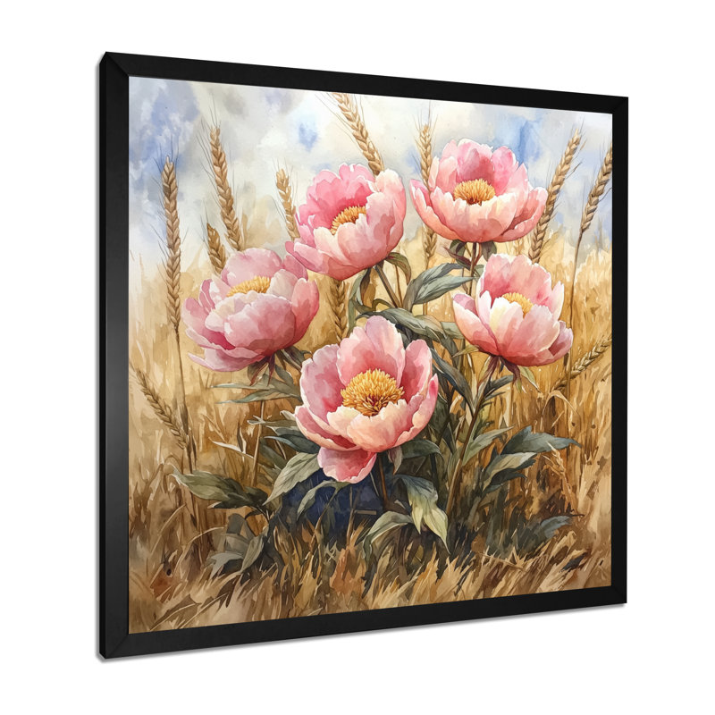 Pivoines dans le champ de blé I - pivoines, art mural, H 16 po x l 16 po, Avec cadre, Noir