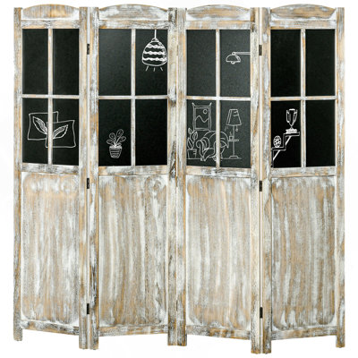 Paravent à 4 panneaux HOMcom, écran d'intimité pliable en bois de style campagnard de 5,6 pi avec planches noires, cloisons de séparation autoportantes pour bureau personnel, naturel