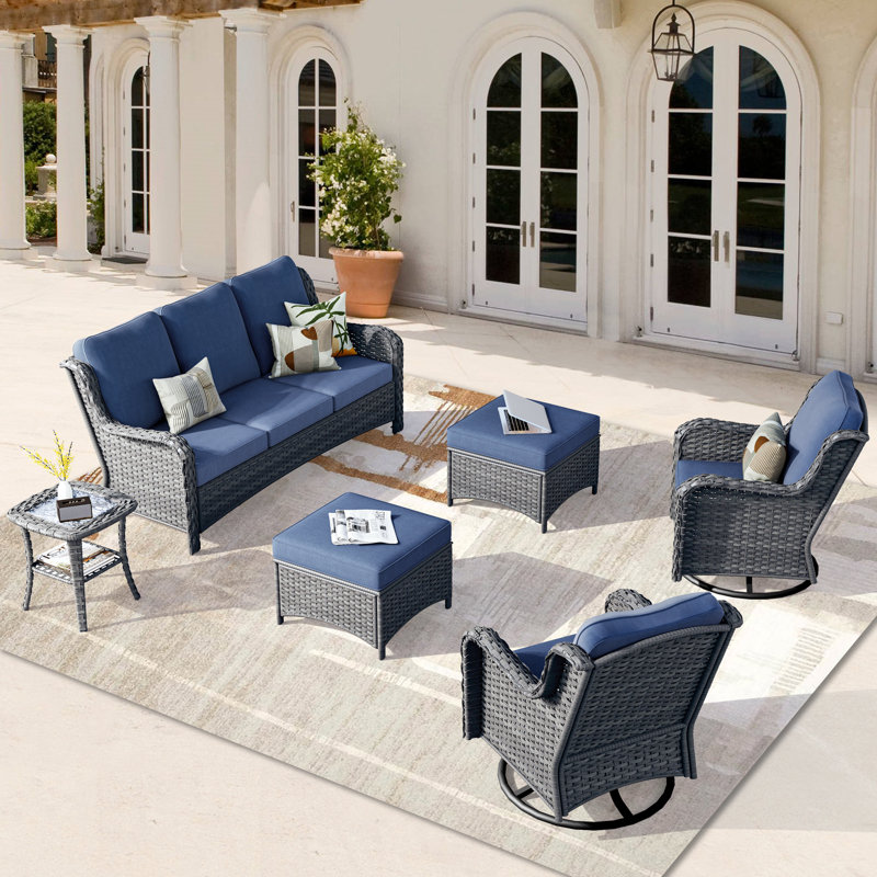 Ensemble de conversation avec coussins 6 personnes Tanzanie, Bleu denim, gris