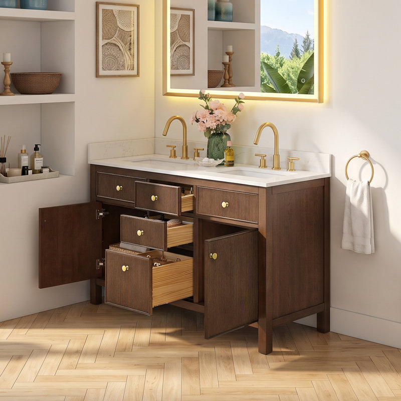 Meuble-lavabo double 54 po Cerrito en chêne brossé brun avec comptoir en pierre reconstituée blanc grain, Chêne brun brossé