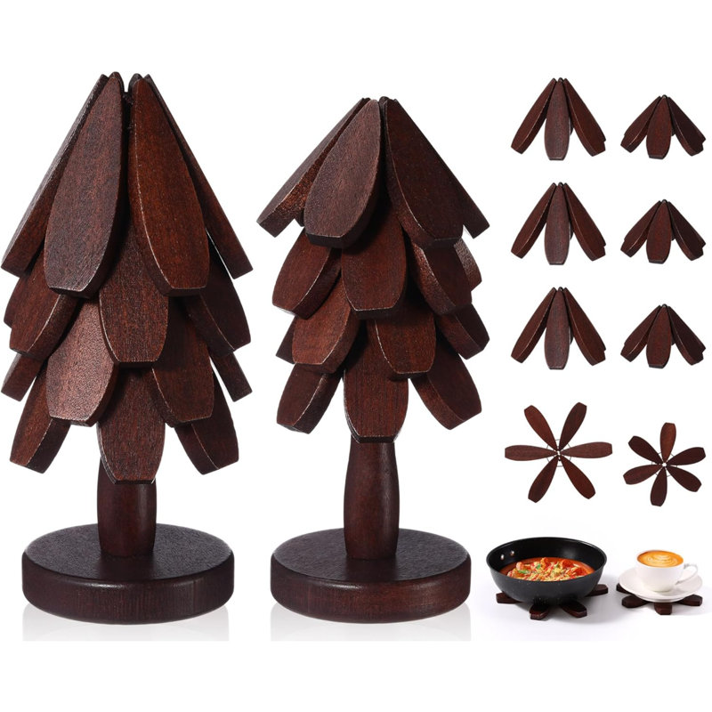 Ensemble de 8 sous-verres Tree, sous-plat en bois pour plats chauds, 2 sous-pieds pliables en forme d'arbre avec 2 supports, tapis décoratif pour tapis de cuisine décoratifs pour fondue, casseroles, tasses (bois de noyer)