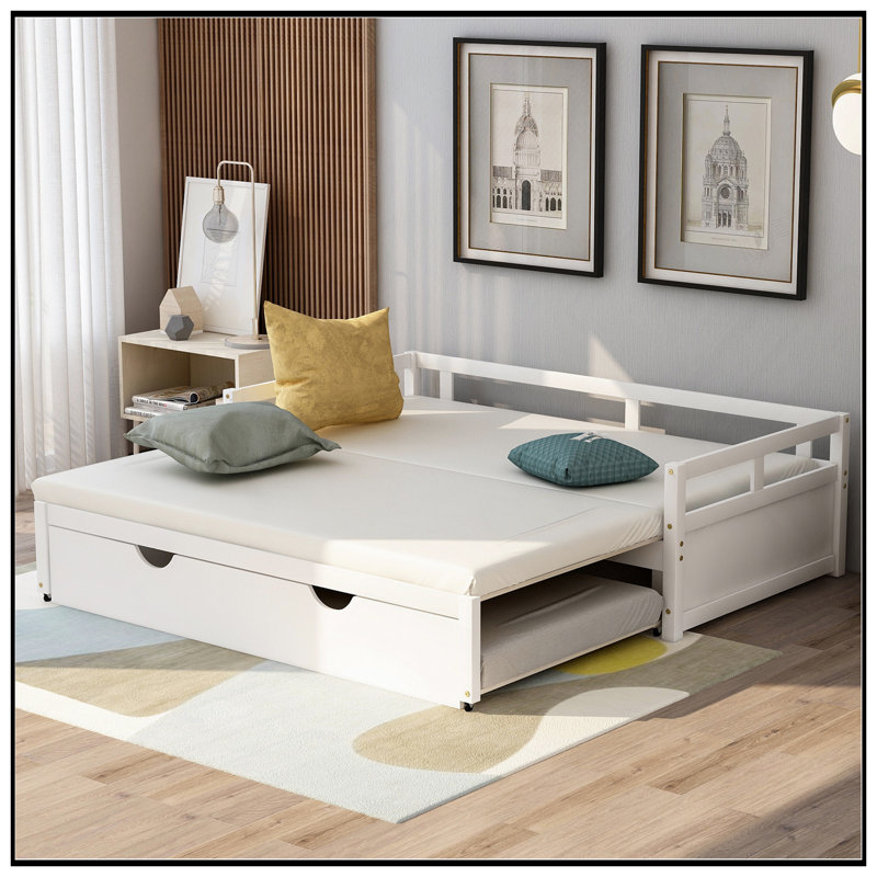 Extending Daybed With Trundle, Wooden Daybed For Space-Saving And Versatile Use In Any Home, White