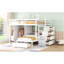 Lit superposé double au-dessus de simple avec garde-robe, tiroirs, blanc
