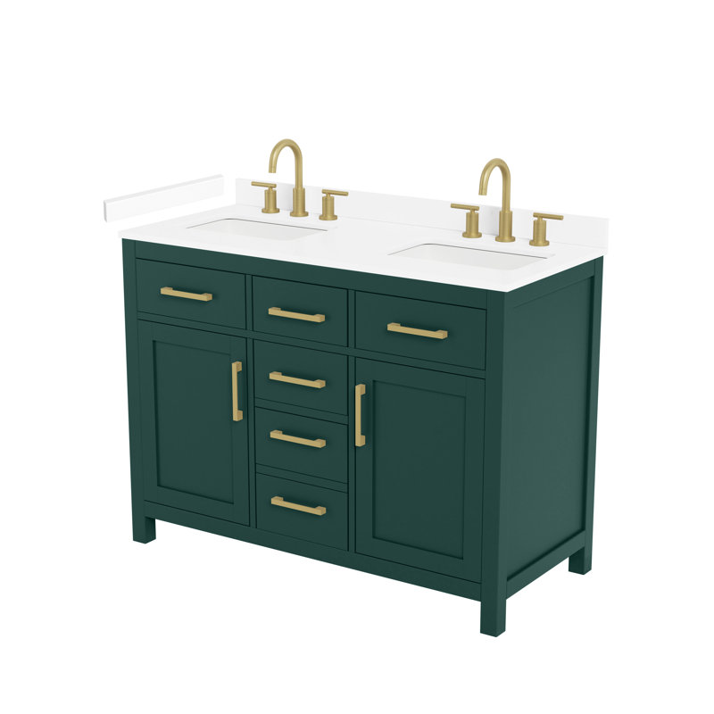 Ensemble de meuble-lavabo double 48 po Beckett, Vert avec bordure dorée brossée, Comptoir en marbre de culture blanc