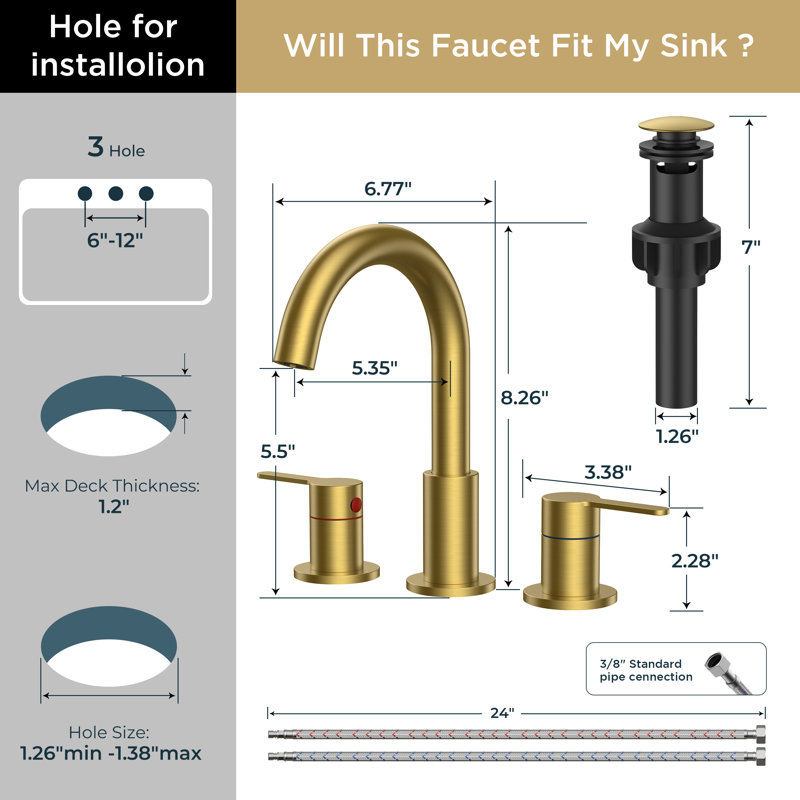 Widespread 2-handle Bathroom Faucet With Drain Assembly, Brushed Gold