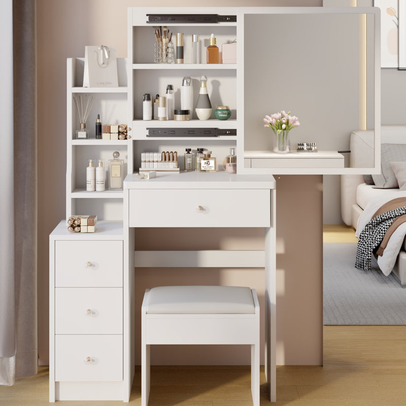 Grande coiffeuse avec tabouret rembourré grande capacité de rangement blanc 29,2 po