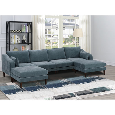 Modern 6Pcs Modular Sectional Couch, Suede Fabric, Arm Chairs, , Cushion Pillows, , Wood Legged Living Room