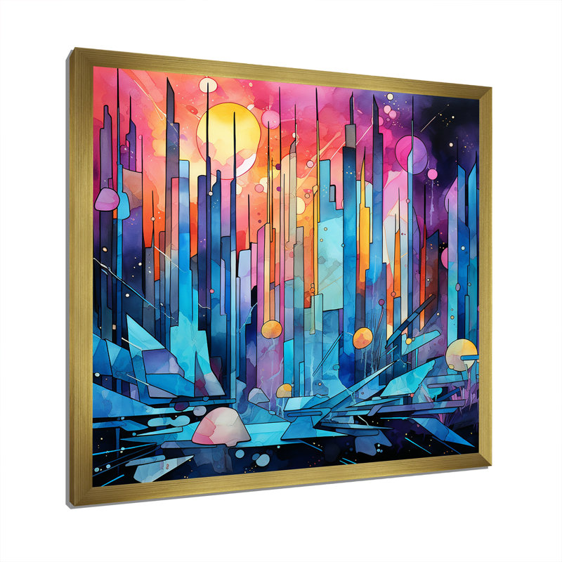 Midnight Cityscape Spectrum 3 - art mural paysage urbain, Encadrement doré, H 36 po x l 36 po x P 1,5 po