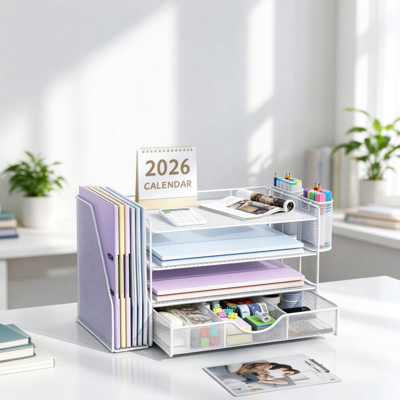 White 4-Tier Desk Organiser with File Holder, Drawer & 2 Pen Holders, Desktop Letter Tray & Magazine Holder Storage Caddy for Home Office Supplies