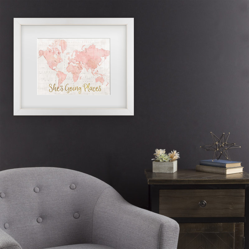 Art encadré mat Sue Schlabach «Across The World Shes Going Places Pink», H 13 po x l 16 po x P 0,75 po, Blanc