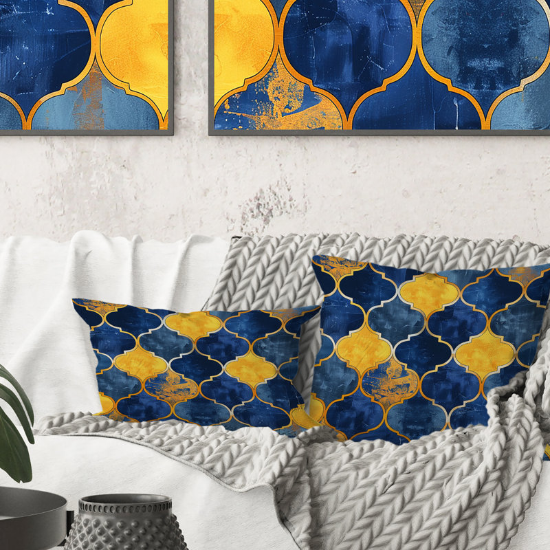 Coussin moderne bleu et jaune à motif de quadrilobe moderne II, H 16 po x l 16 po