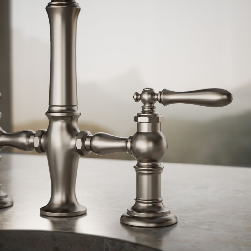 Artifacts Bridge Faucet with Side Spray, Vibrant Stainless, Lever Handle