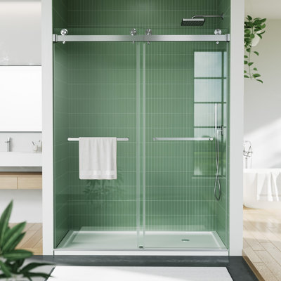 Porte de douche en verre sans cadre, porte de douche coulissante l 56 à 60 po x H 76 po, panneaux de verre trempé de 5/16 po (8 mm), écran de douche moderne avec poignée en acier inoxydable, noir mat