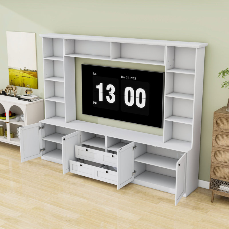 Meuble audio-vidéo avec 4 tiroirs, tablettes réglables et armoires, Blanc
