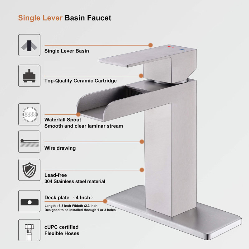 Robinet de lavabo de salle de bain à poignée simple avec bonde escamotable Waterfall, Nickel brossé