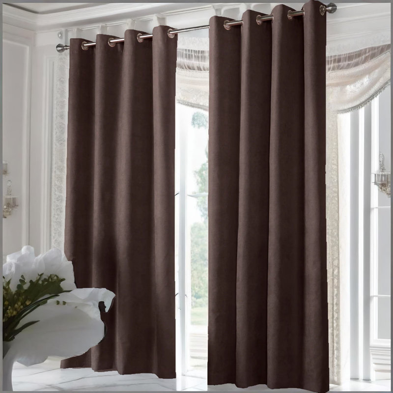 Nalaiyah Velvet Chenille Eyelet Curtains, 142cm Width x 183cm Drop, Chocolate