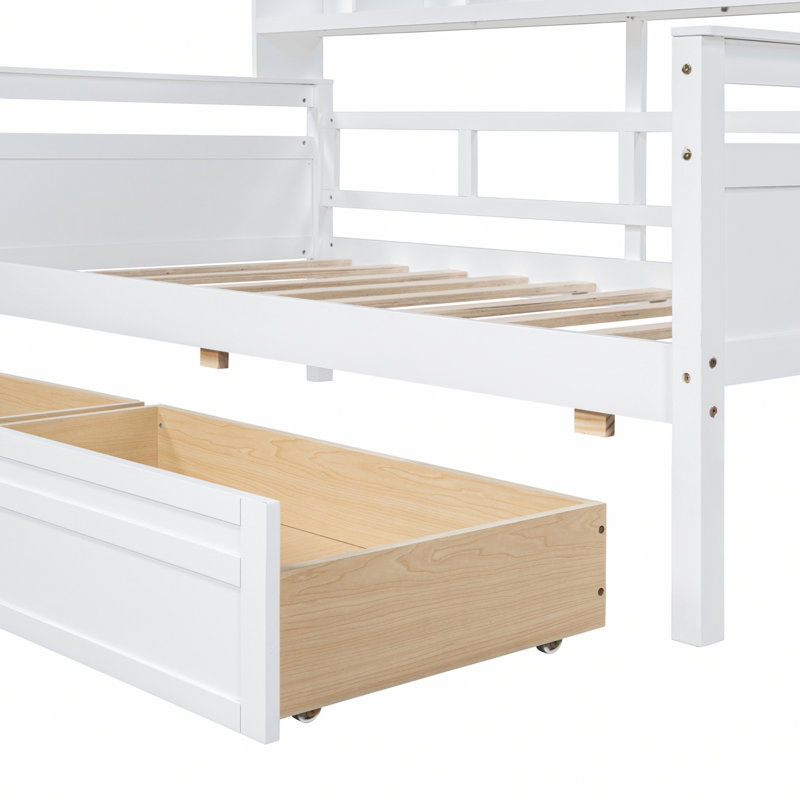 Lit de jour avec support en lattes de bois, tablettes de chevet et deux tiroirs, Lit simple, Blanc