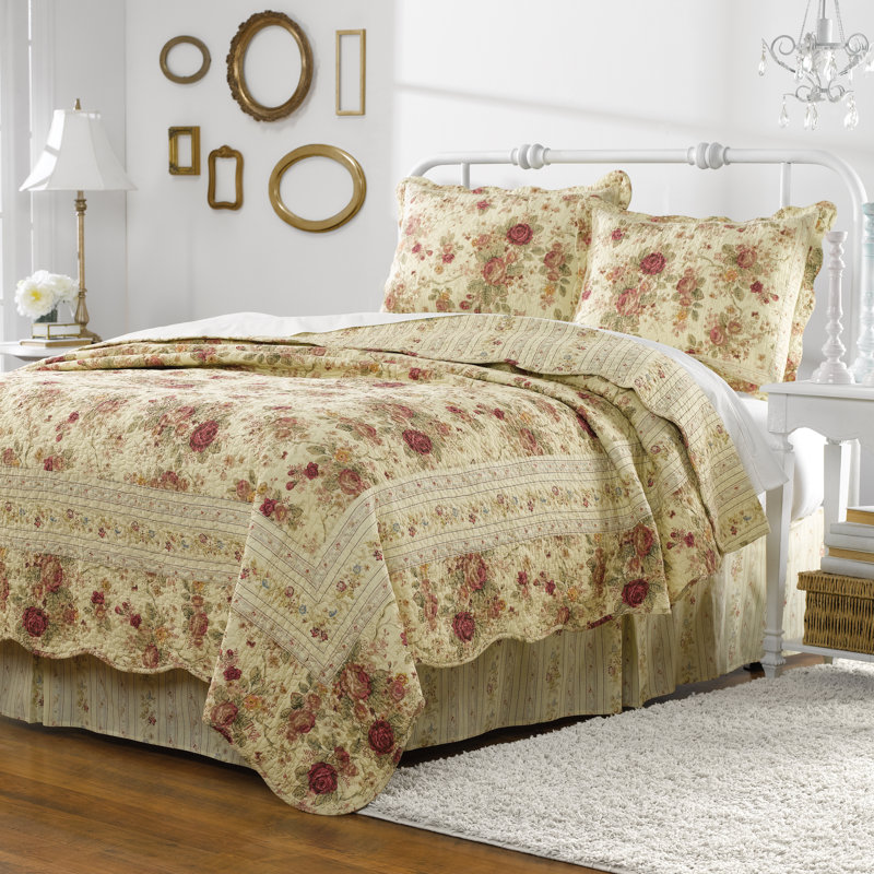 Greenland Home Fashions Antique Rose Ecru 3-Piece Bedspread Set 120"x118" King Size Cotton Floral Quilt with 2 King Shams