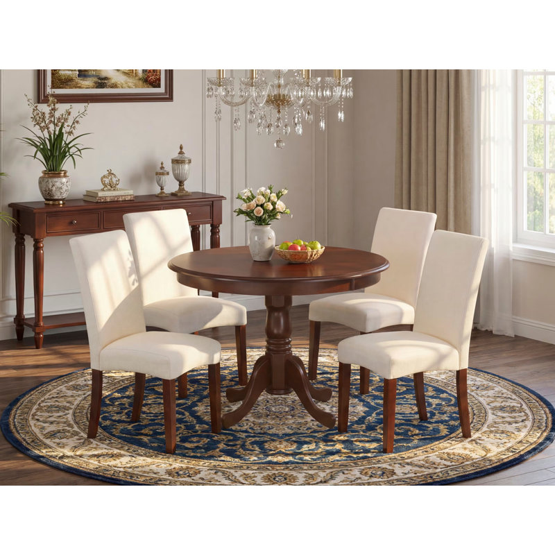 5 Piece Dining Set Includes a Round Dining Room Table with Pedestal and 4 Cream Linen Fabric Upholstered Parson Chairs, Mahogany