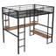 Lit mezzanine double en métal et panneau de fibres à densité moyenne avec long bureau et tablettes, noir