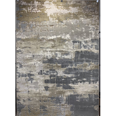 Abstract Designer Gray Beige With Gold shimmery Viscose Rug 