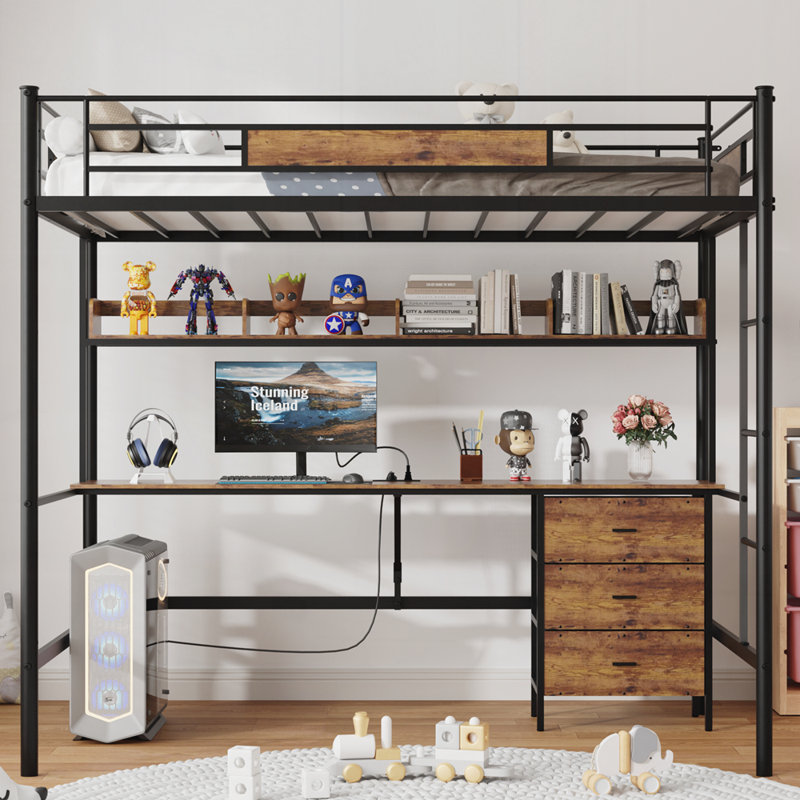 Loft Bed with L-Shaped Desk, Charging Station