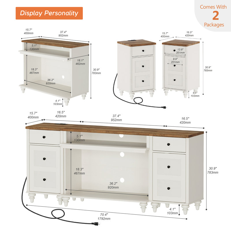 Buffet avec 2 tiroirs et 2 tablettes ouvertes, style grain de bois rétro, armoire avec station de charge, blanc, 70 pouces