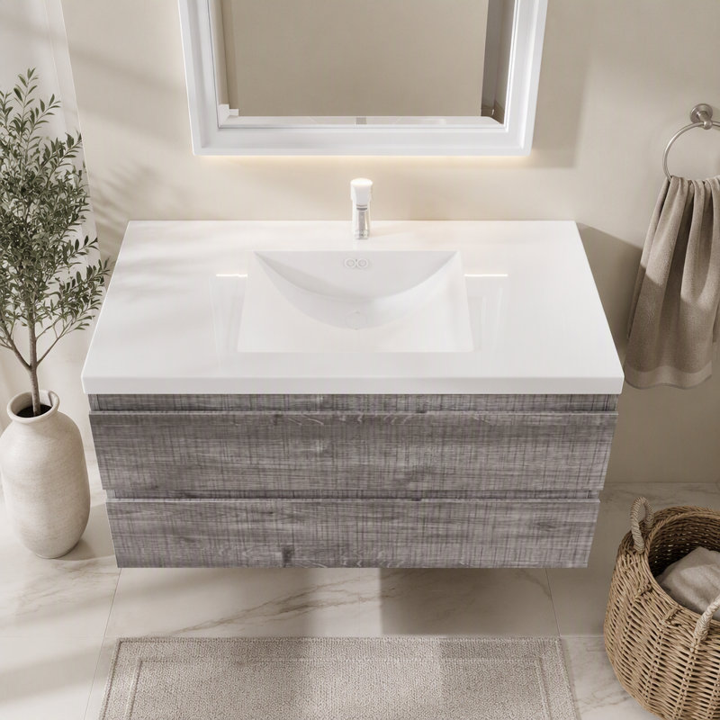 Meuble-lavabo suspendu de 91 cm avec lavabo, armoire murale en contreplaqué, tiroir à fermeture amortie, lavabo en céramique antidébordement
