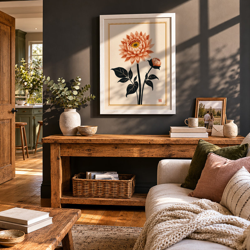 Dahlia in Bloom Botanical - Framed Print, A2 - 59.4 x 42.0 cm, White