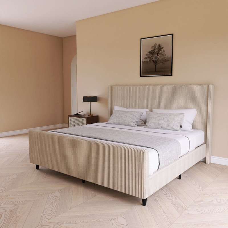 Lit tapissier haut en velours côtelé, Crème, crème, Très grand