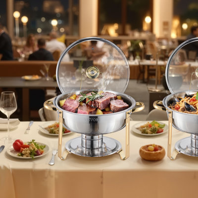 5 Qt Round Chafing Dish Buffet Set Full-Size Pan Stainless Steel Gold