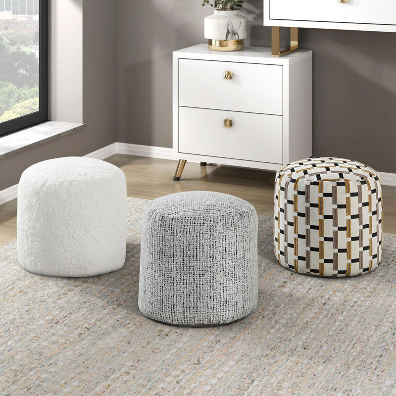 Off-White Faux Fur Round Pouf Ottoman