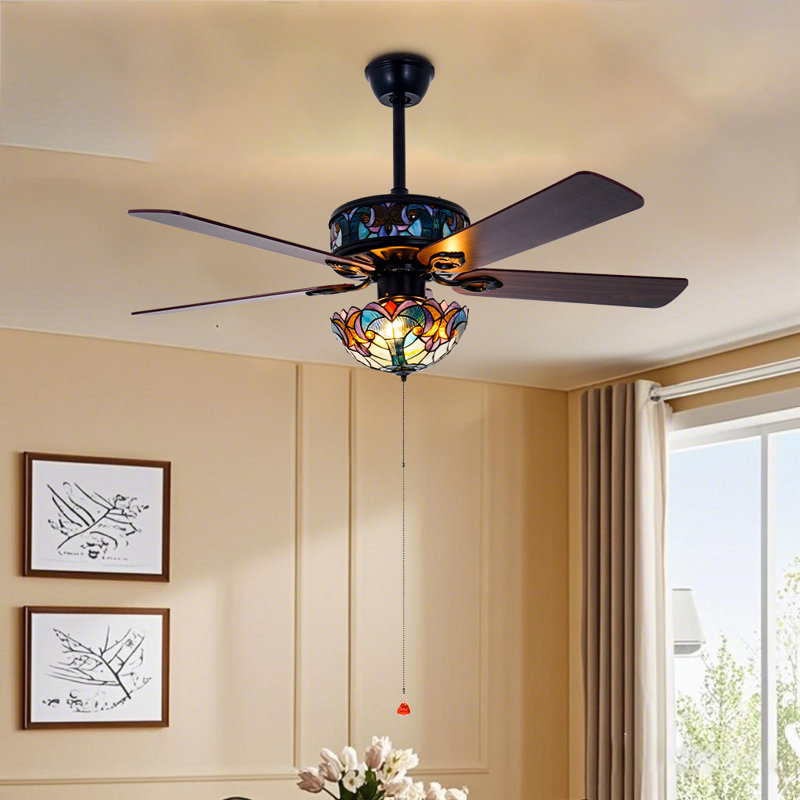 Ventilateur de plafond en verre coloré American Pastoral | Conversion de fréquence à six vitesses avec rotation avant et arrière | Style rétro Tiffany
