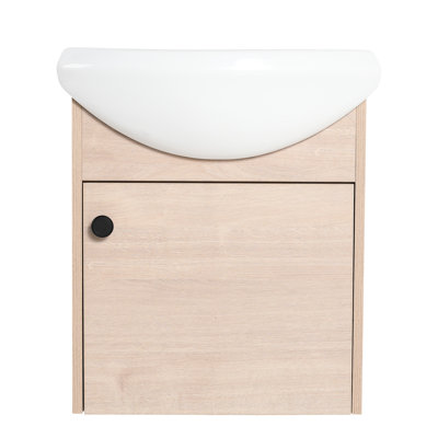 Meuble-lavabo de salle de bain avec lavabo en porcelaine de 18 po. Armoire murale. Fabrication en contreplaqué. Finition chêne. Élégant et fonctionnel lavabo en céramique de 18 po. Rangement intégré. Couleur. Conception simple et élégante