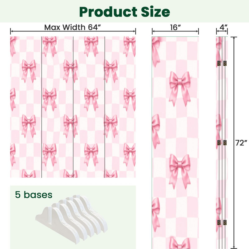 Paravent 4 panneaux à cloison pliable Royal Pink Bows, 71" H x 64" W x 1" D, 4