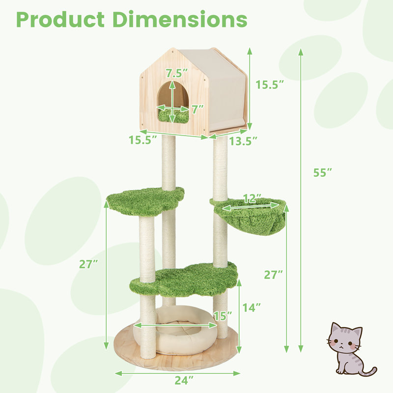 Green and Beige 55'' Tall Wooden Cat Tree with Sisal Posts