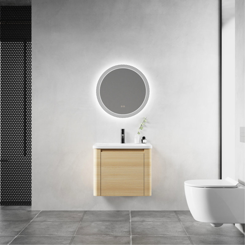 Meuble-lavabo mural 24 po avec lavabo en céramique blanche et porte à fermeture douce, emballage KD, contreplaqué, chêne blanc américain