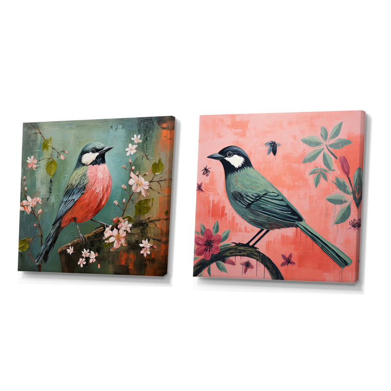 «Green and Pink Bird Floral Tree Harmony I», ensemble de 2 reproductions d'art mural, Toile tendue
