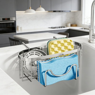 Stainless Steel Sponge Holder For Double Kitchen Sink With M-Shaped Hook, Sink Caddy Organizer For Sponge, Brush, And Sink Stopper, Quick Drainage Design