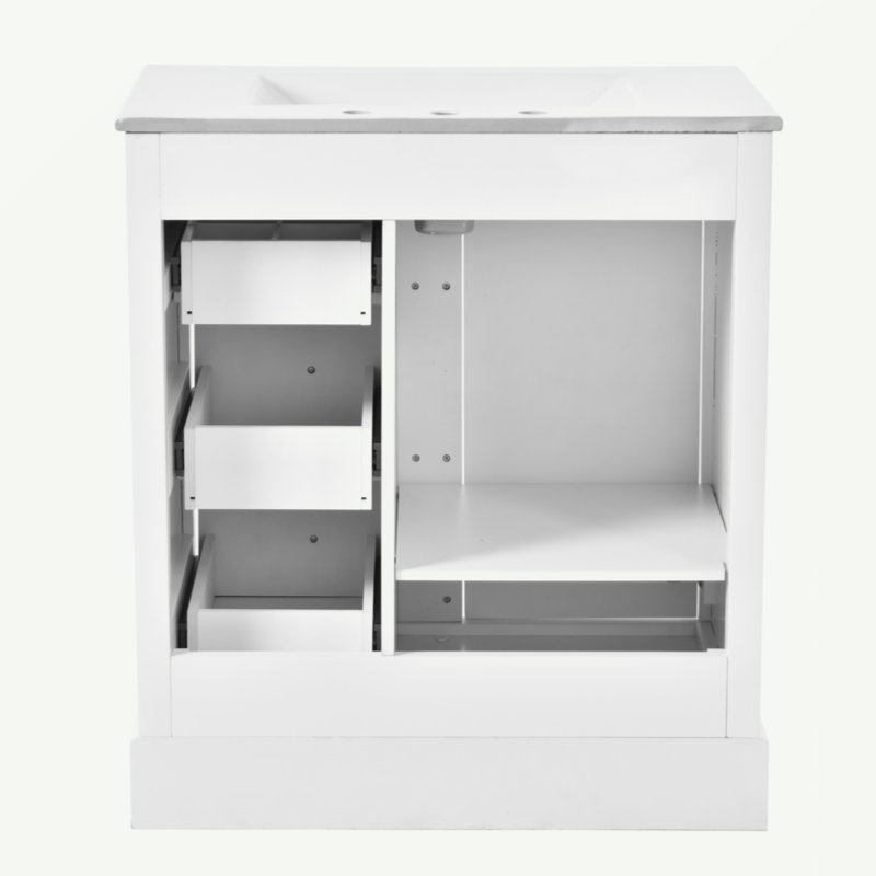 Armoire de meuble-lavabo 30 po avec lavabo en céramique, 3 tiroirs et tablettes réglables, Blanc