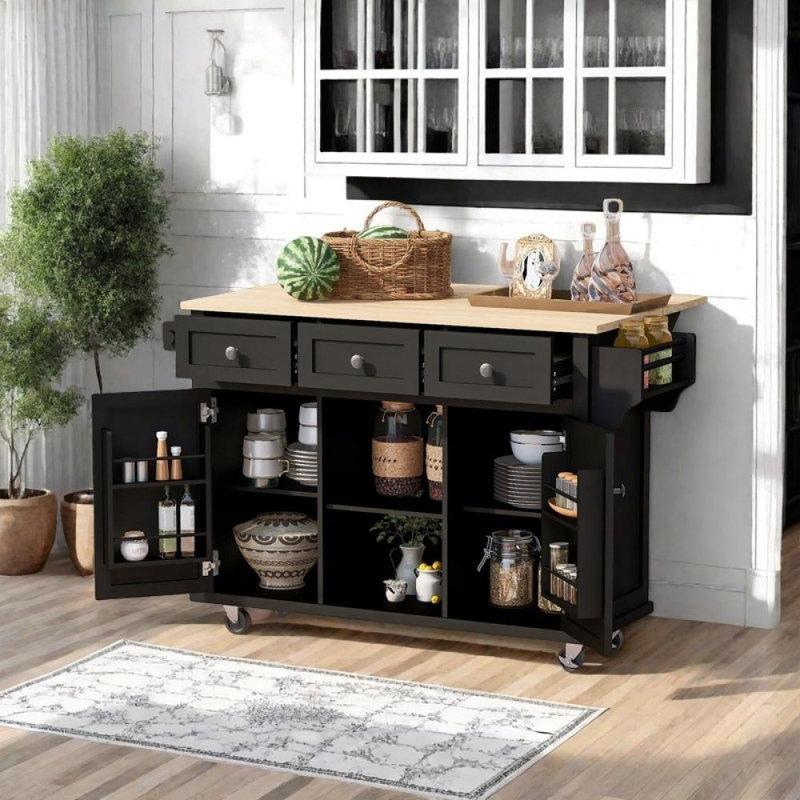 Kitchen Cart with Drop-Leaf Countertop and Internal Storage Racks, Black