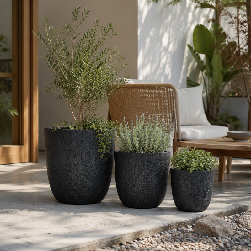 Ensemble de 3 pots de fleurs ronds en béton avec trous de drainage et bouchon en caoutchouc, texture pierre craquelée, en plastique MGO, pour intérieur, extérieur, terrasse, jardin ou balcon.