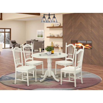 3 Piece Dining Room Table Set Contains a Round Kitchen Table with Dropleaf and 2 Dining Chairs, Linen White