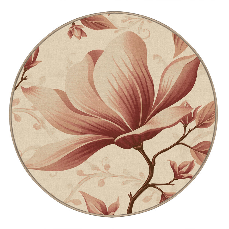Machine Washable Ortmund Magnolia Classic Floral Rug in Beige – Beige Binding, 5' Round