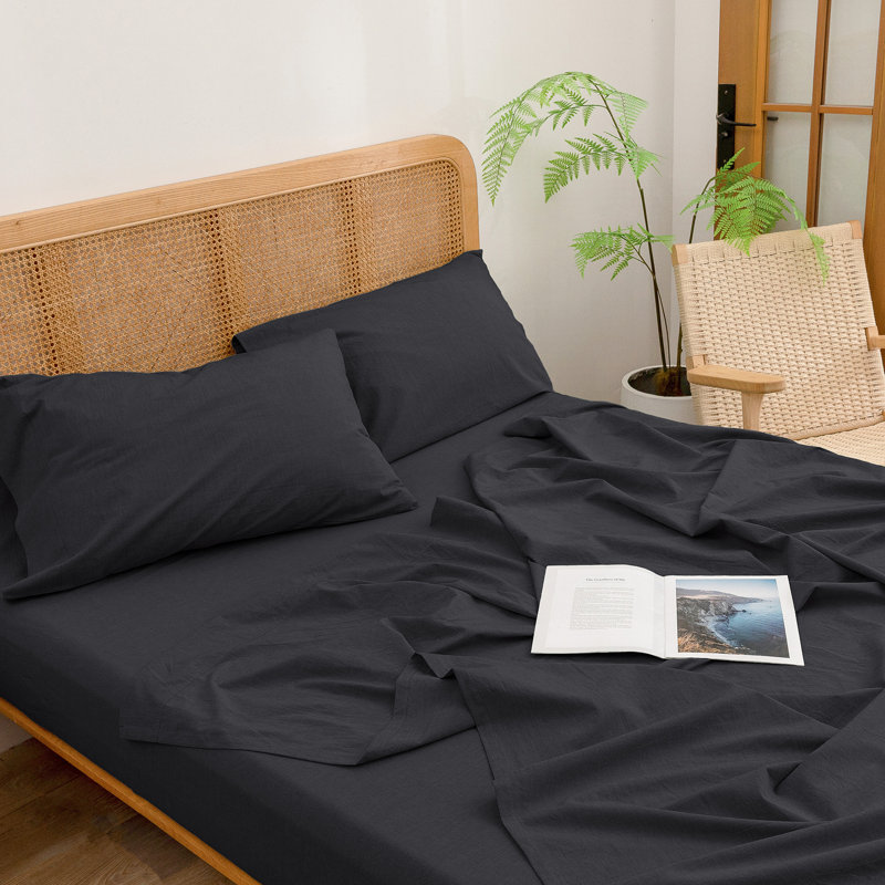 BESTOUCH Fitted Sheet 100% Washed Cotton Linen Feel Easily Fits Deep Pockets, Deep Black, Queen Fitted Sheet
