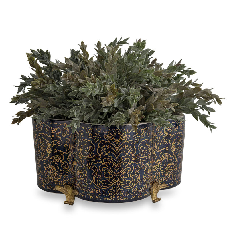 Richmond Damask Oval Planter, 8" H x 14" W x 14" D, Dark Indigo
