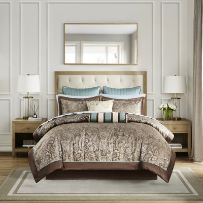 Literie 12 pièces pour lit double bleu / brun, comprenant des draps en coton et un édredon, édredon moderne à la mode avec tissage bleu / brun, motif cachemire, douillet