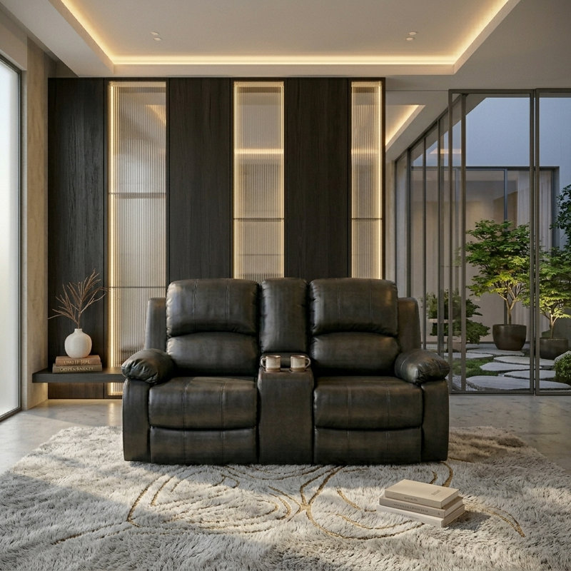 68" Wide Loveseat Modern Vegan Leather Manual Recliner Chair With Comfortable Arms And Back, Black Faux Leather